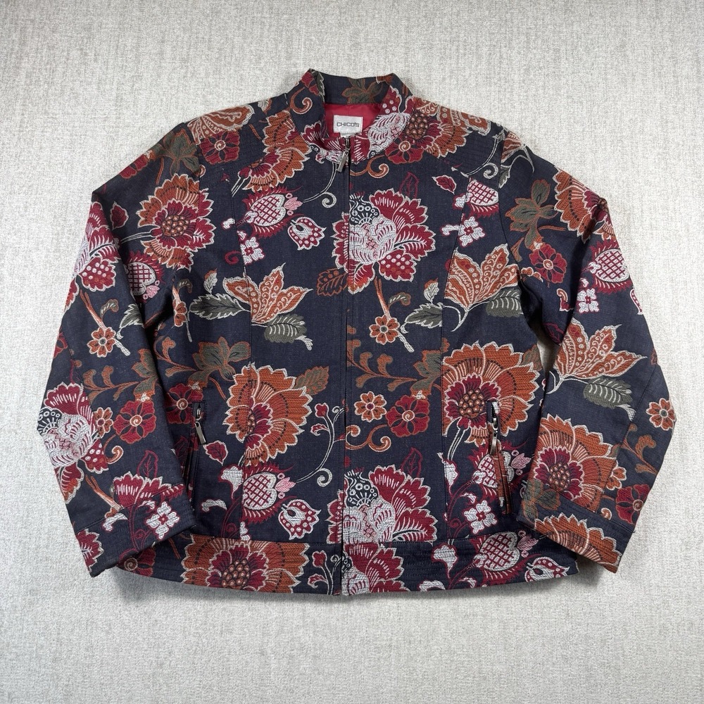 Chico's Women's Size 2 L Floral Cotton Full Zip Jacket Multicolor Lined Boho